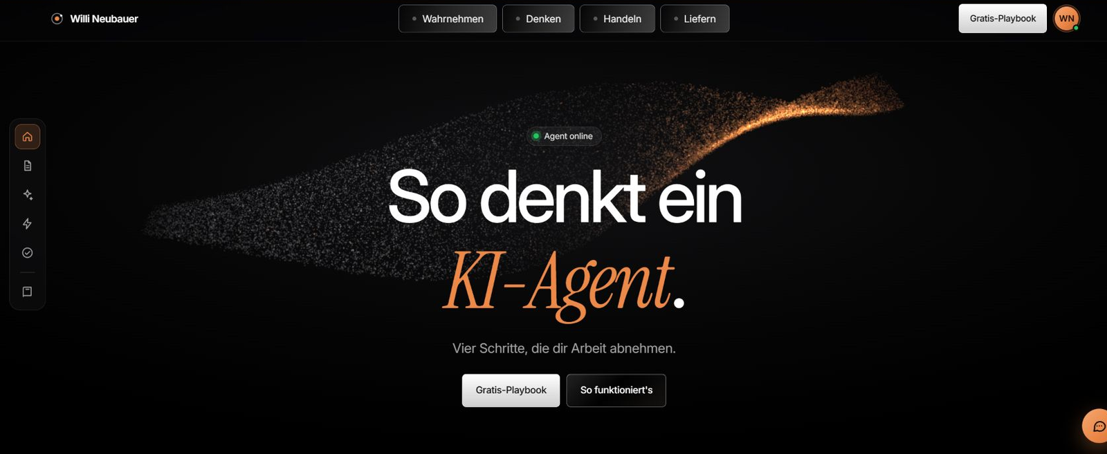 Willis echte Agentenwelle-Website mit dunklem Hintergrund, orangefarbenen Partikeln und dem Titel So denkt ein KI-Agent