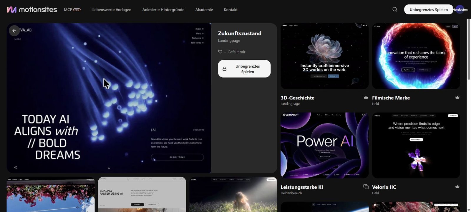 Echte MotionSites-Ansicht mit der Future-State-Vorlage und weiteren Website-Beispielen