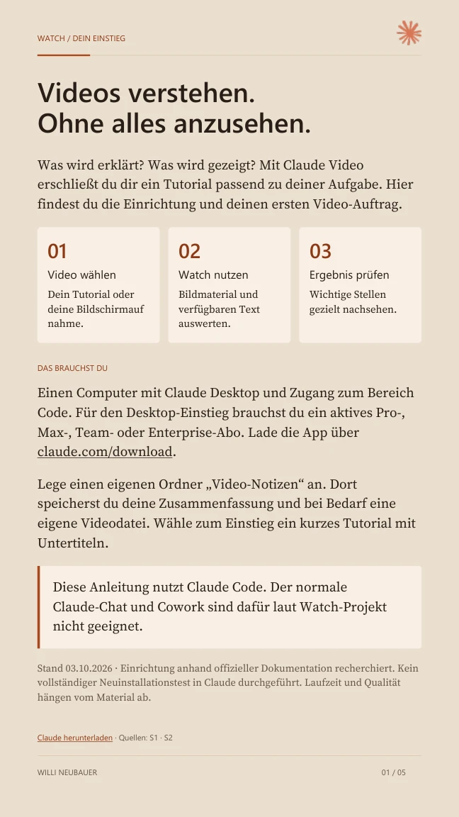 Erste Seite der Claude-Video-Einrichtungsanleitung