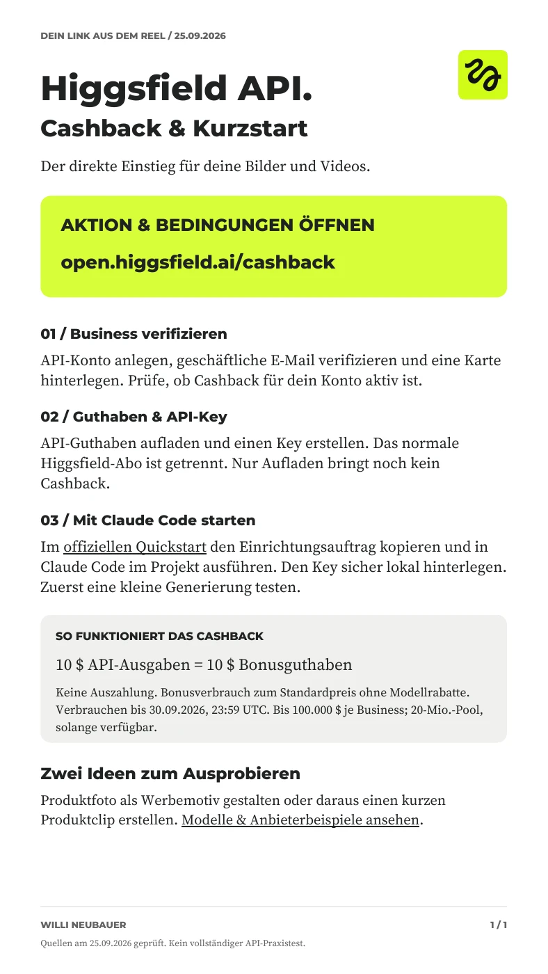 Titelseite des einseitigen Higgsfield-API-Kurzstarts
