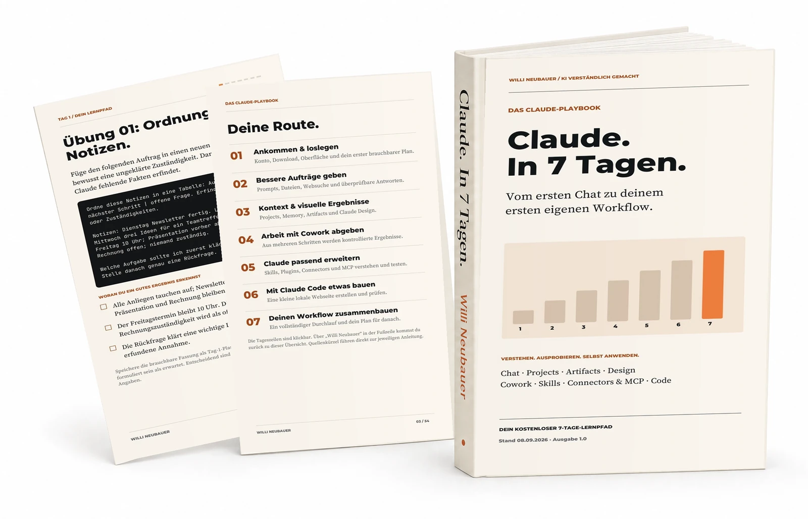 Claude in 7 Tagen von Willi Neubauer: dreidimensionale Buchansicht mit Lernroute und Übungsseite.