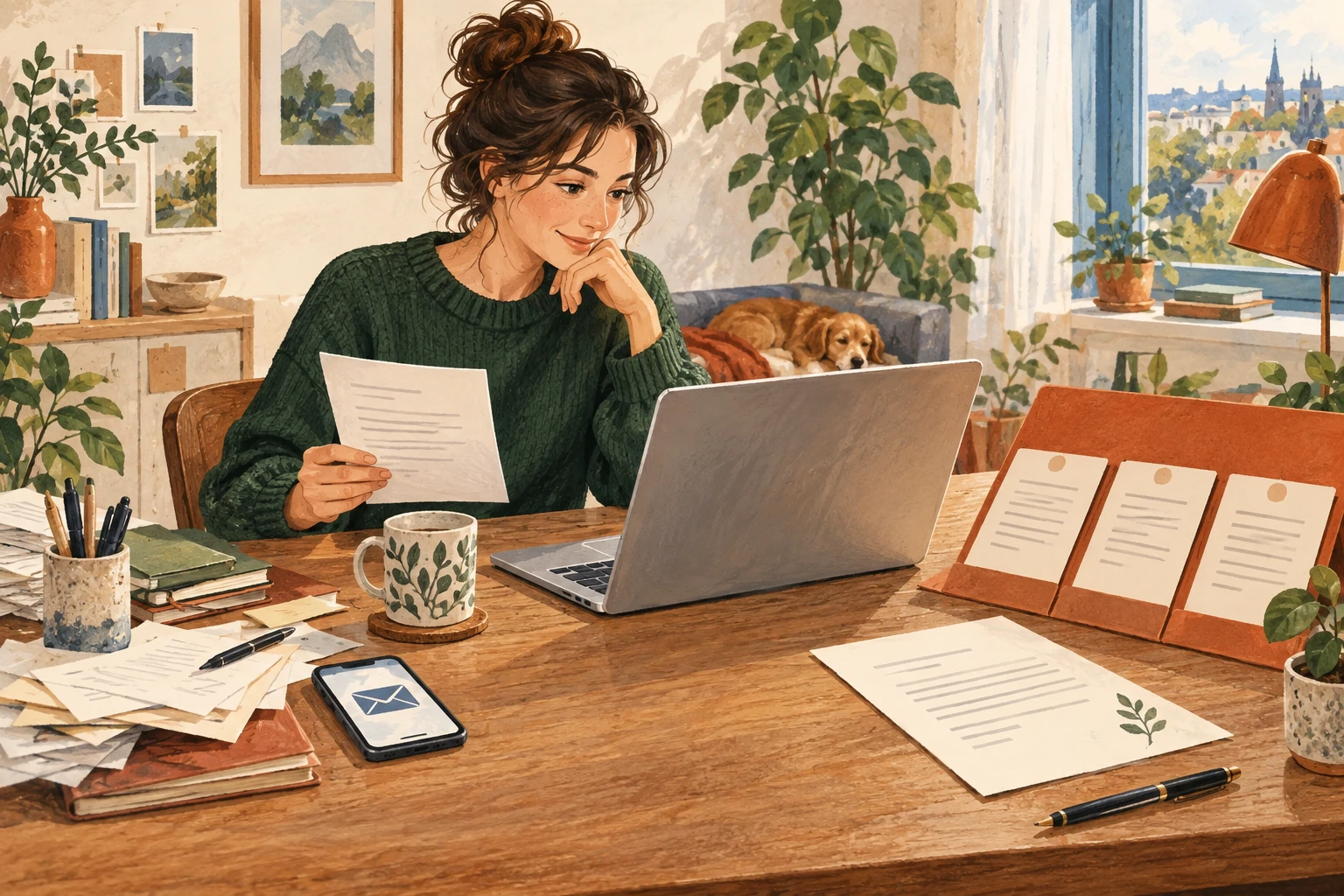 Illustration: Eine Selbstständige prüft ihre Angebotsunterlagen am Laptop in ihrem Arbeitszimmer.
