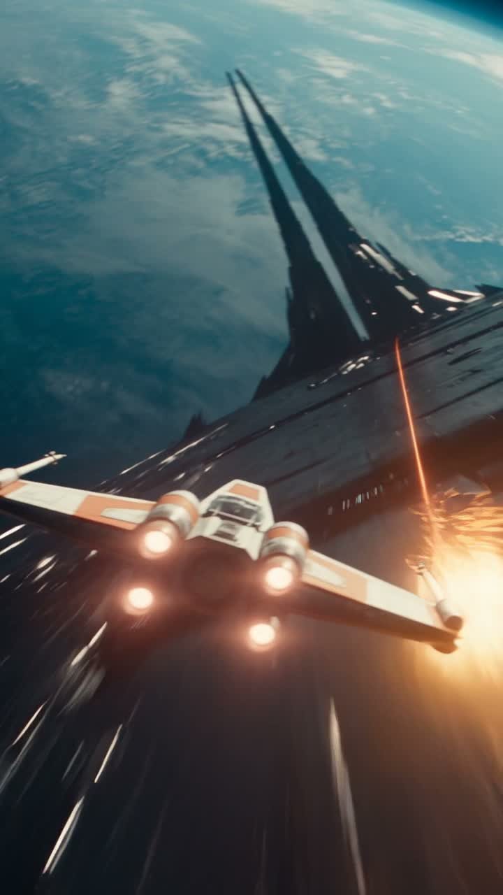 Raumschiff vor einem blauen Planeten, Standbild aus Willis KI-Clip