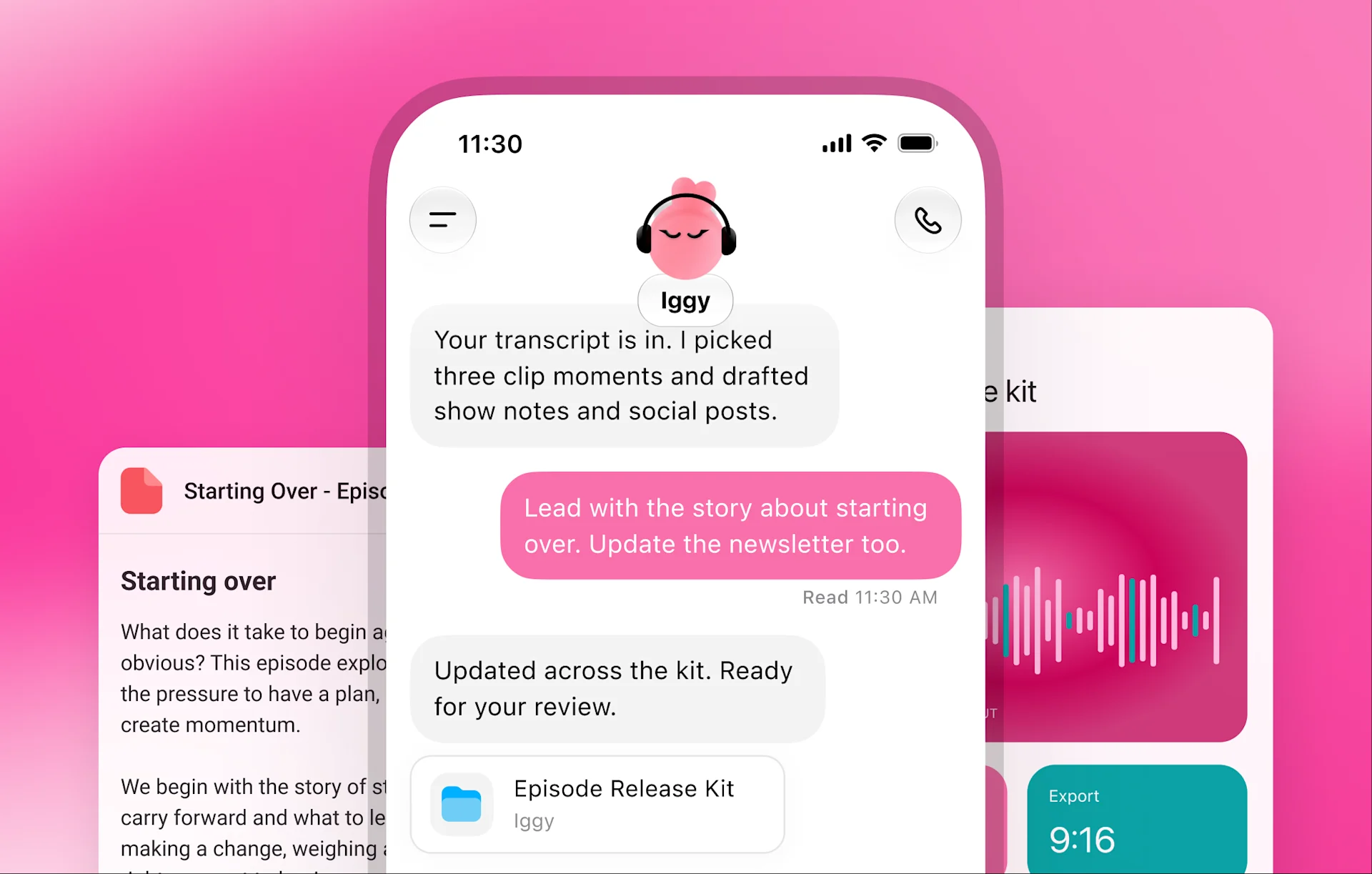 Offizielles Dots-Beispiel: Iggy bereitet Clip-Momente, Shownotes und Social-Posts aus einem Transkript vor.