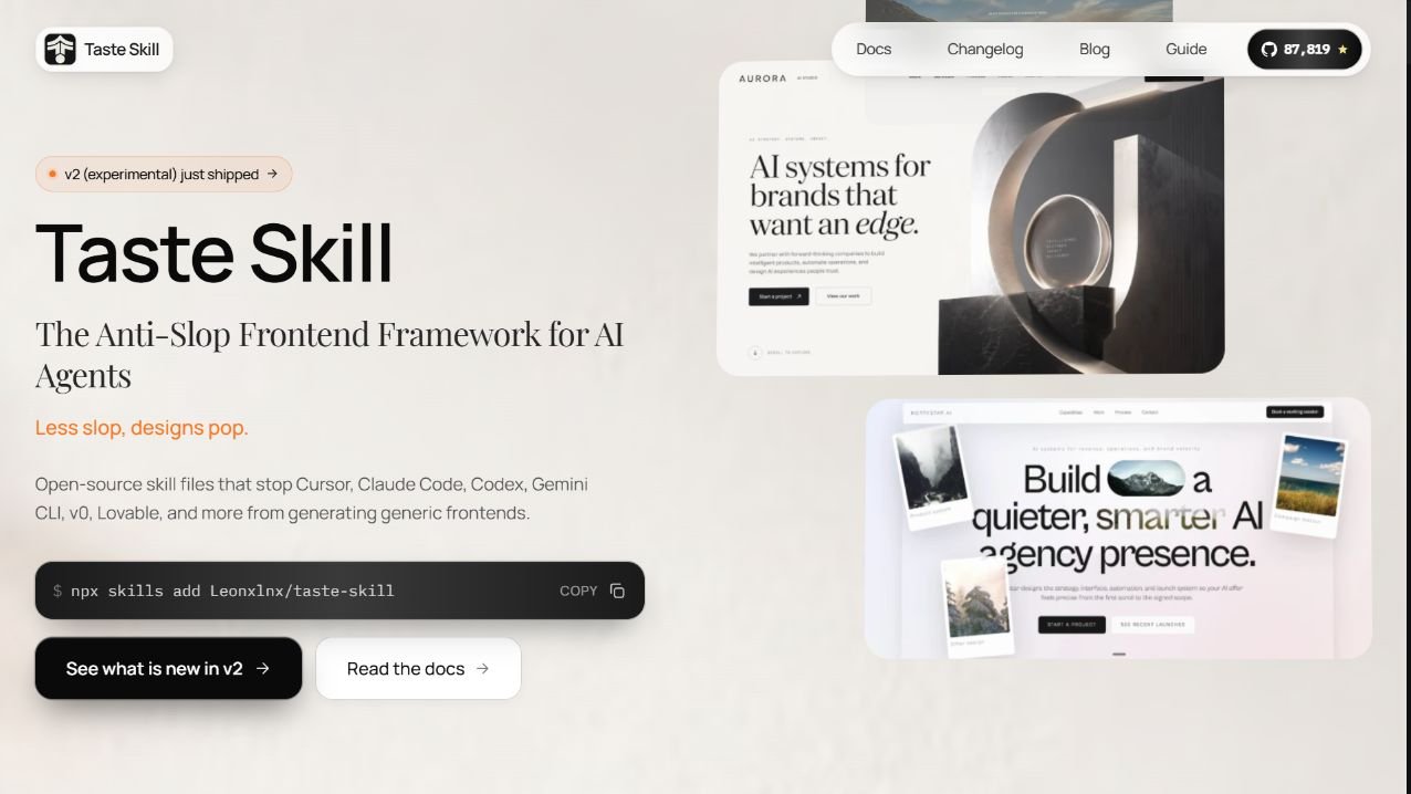 Taste Skill: Originalseite mit Logo und Designbeispielen.
