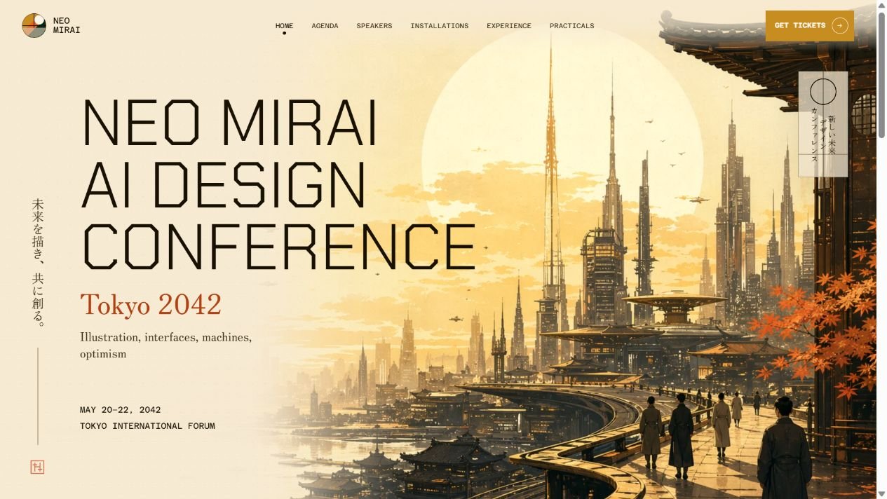 Echter Screenshot der Neo-Mirai-Demoseite von Impeccable mit großem Titel und goldener Stadtillustration