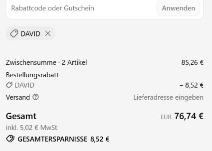 Echter Gigas-Nutrition-Warenkorb mit angewendetem Code DAVID, 8,52 Euro Rabatt und 76,74 Euro Warenwert